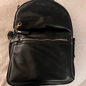 Black Leather Diaper Backpack with Gold Accents
